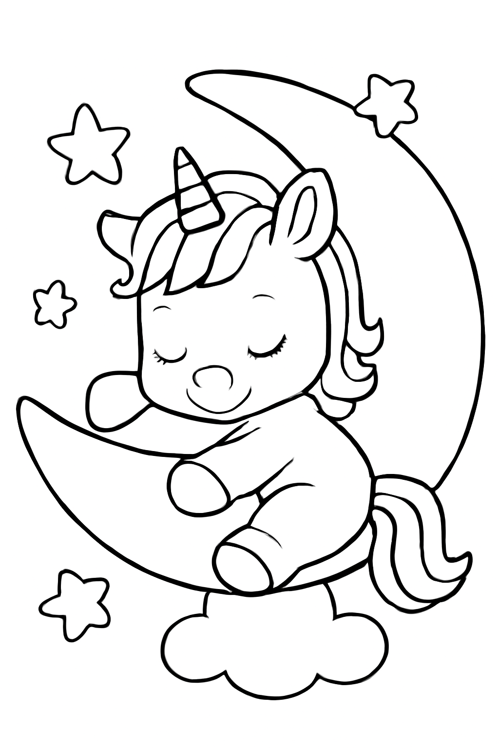 Free printable baby unicorn sleeping on a crescent moon coloring page for kids