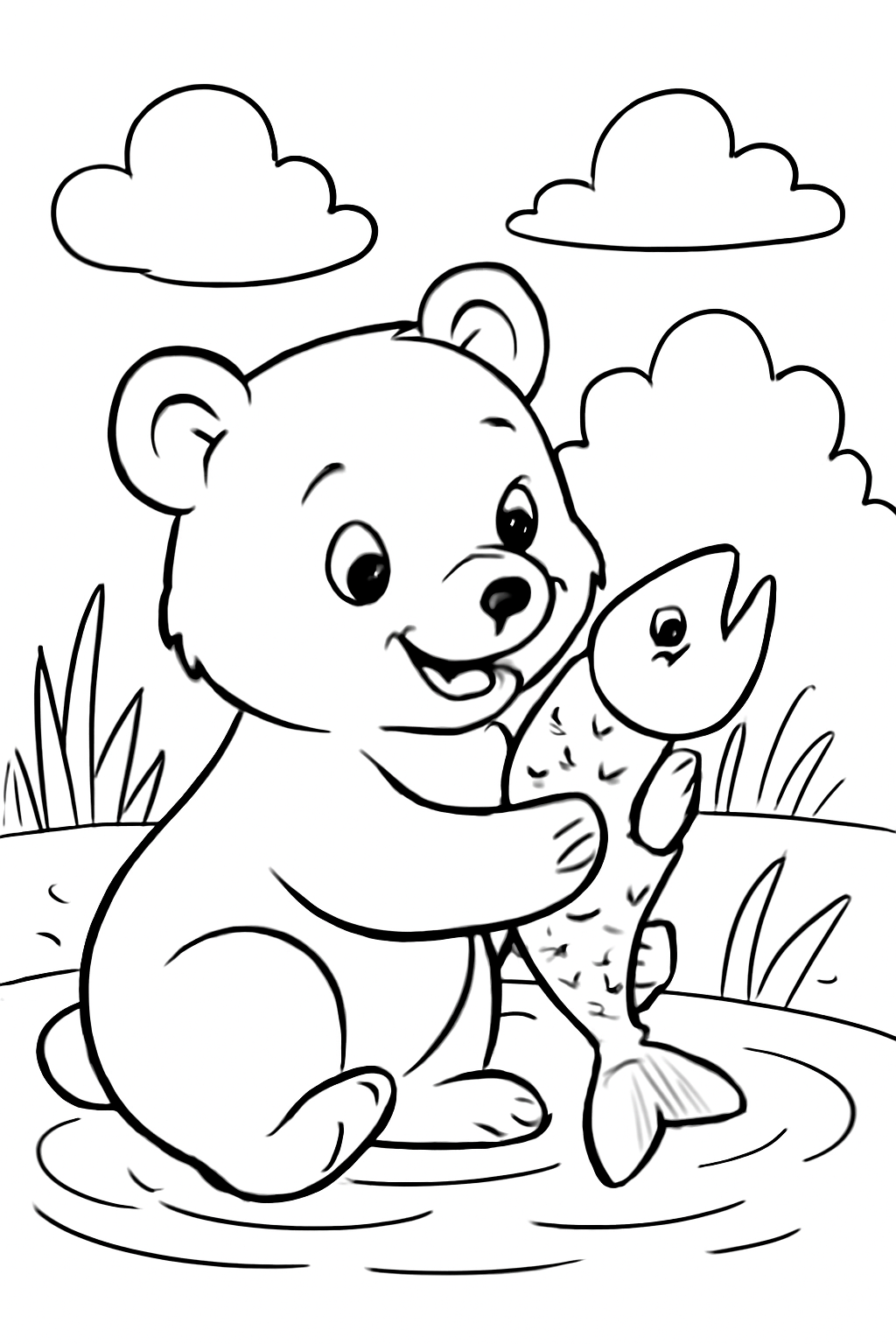 Free printable bear cub catching a fish coloring page for kids