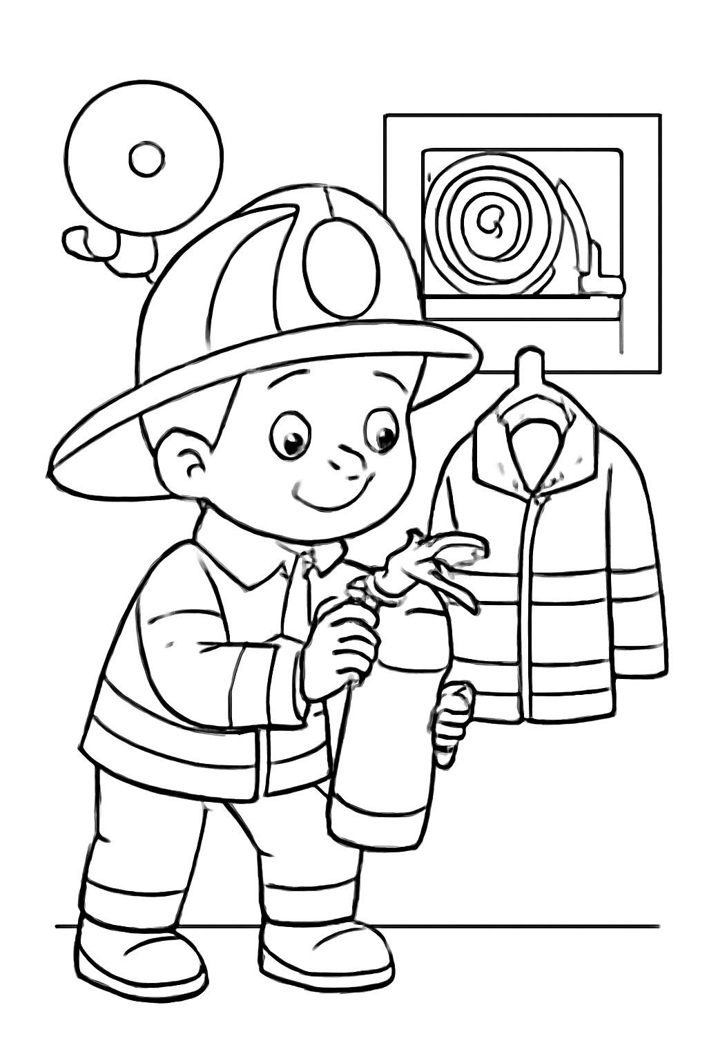 Free printable firefighter checking safety equipment coloring page for kids