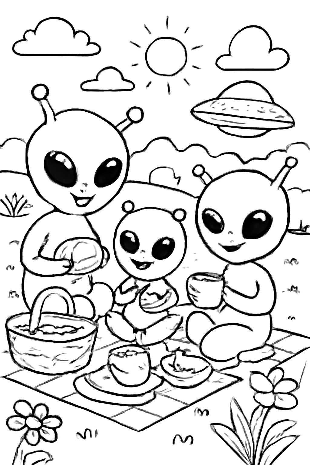 Free printable alien family having a picnic coloring page for kids