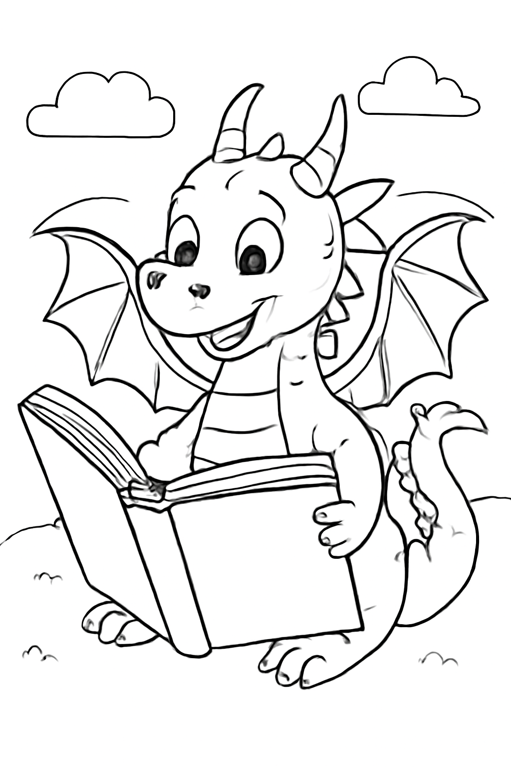 Free printable dragon reading a giant storybook coloring page for kids