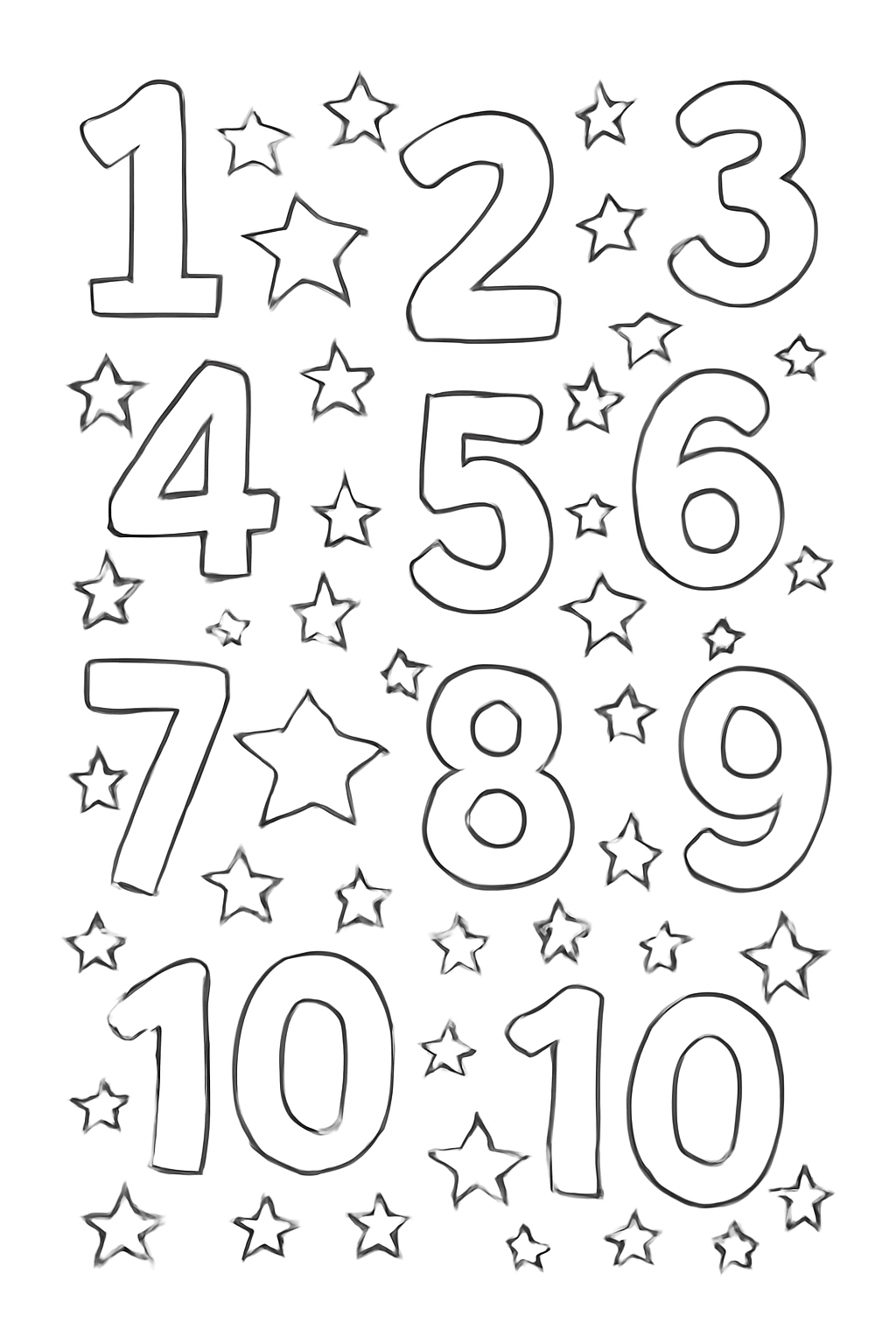 Free printable numbers one through ten with stars coloring page for kids