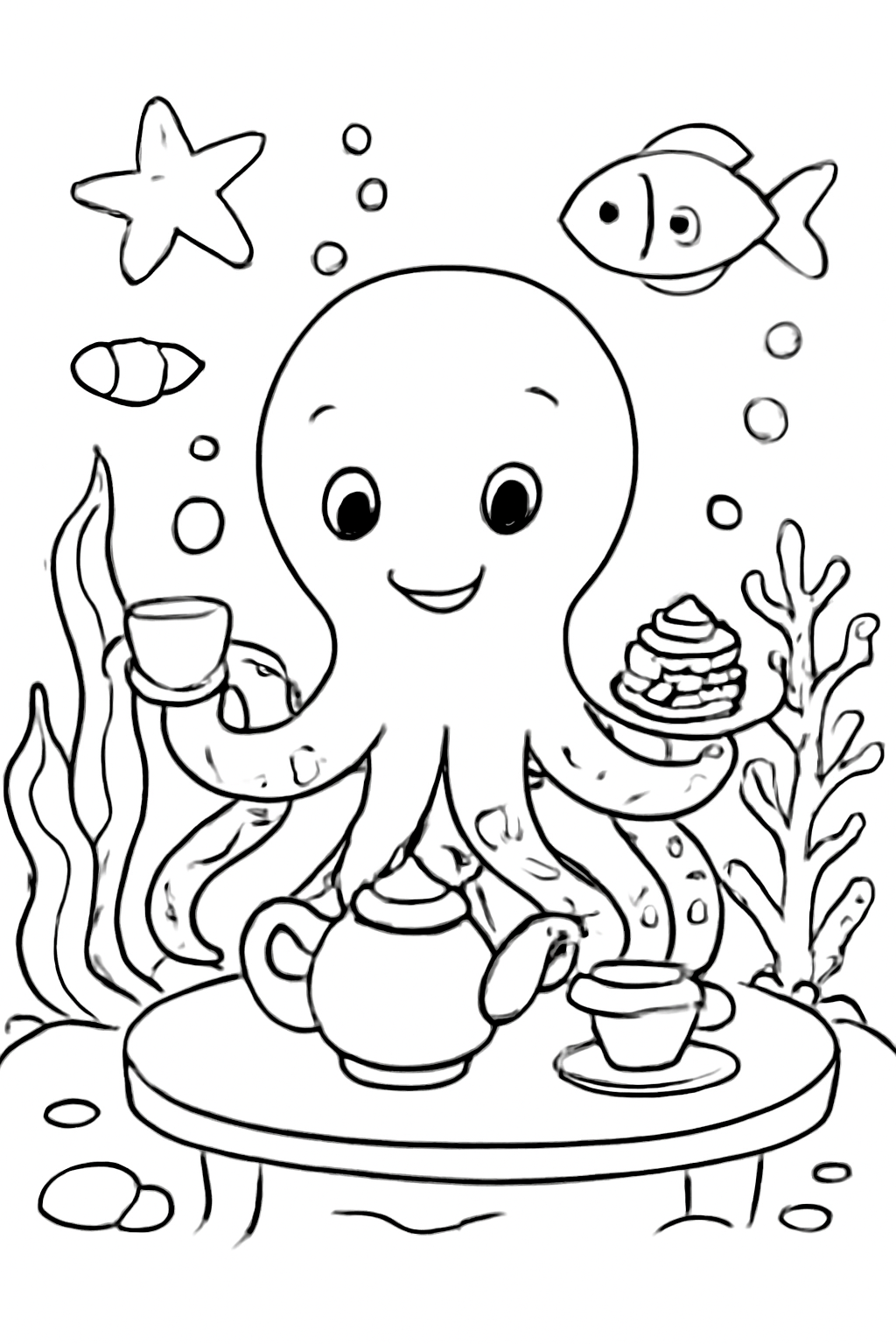 Free printable octopus having an underwater tea party coloring page for kids
