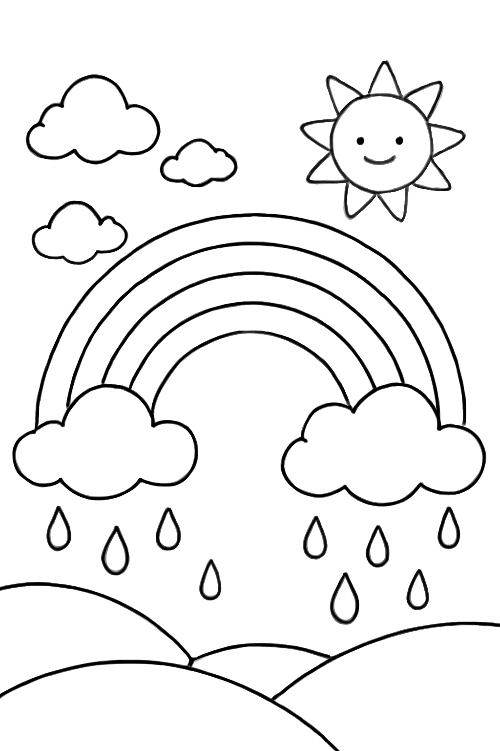 Free printable rainbow after a gentle rainstorm coloring page for kids