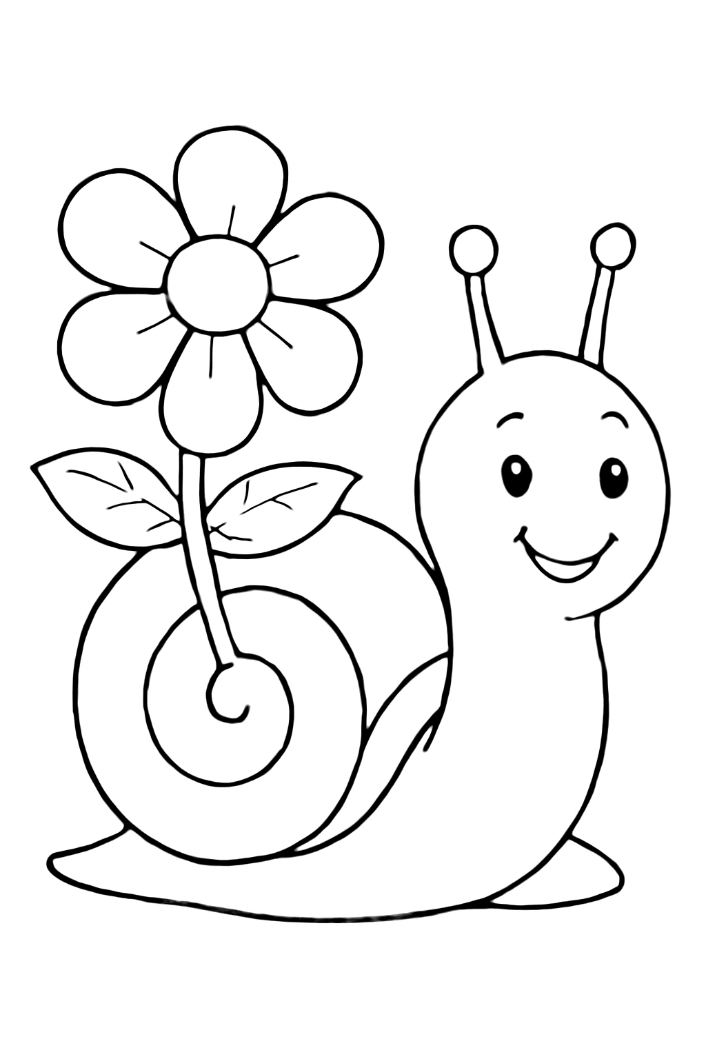 Free printable snail carrying a flower coloring page for kids
