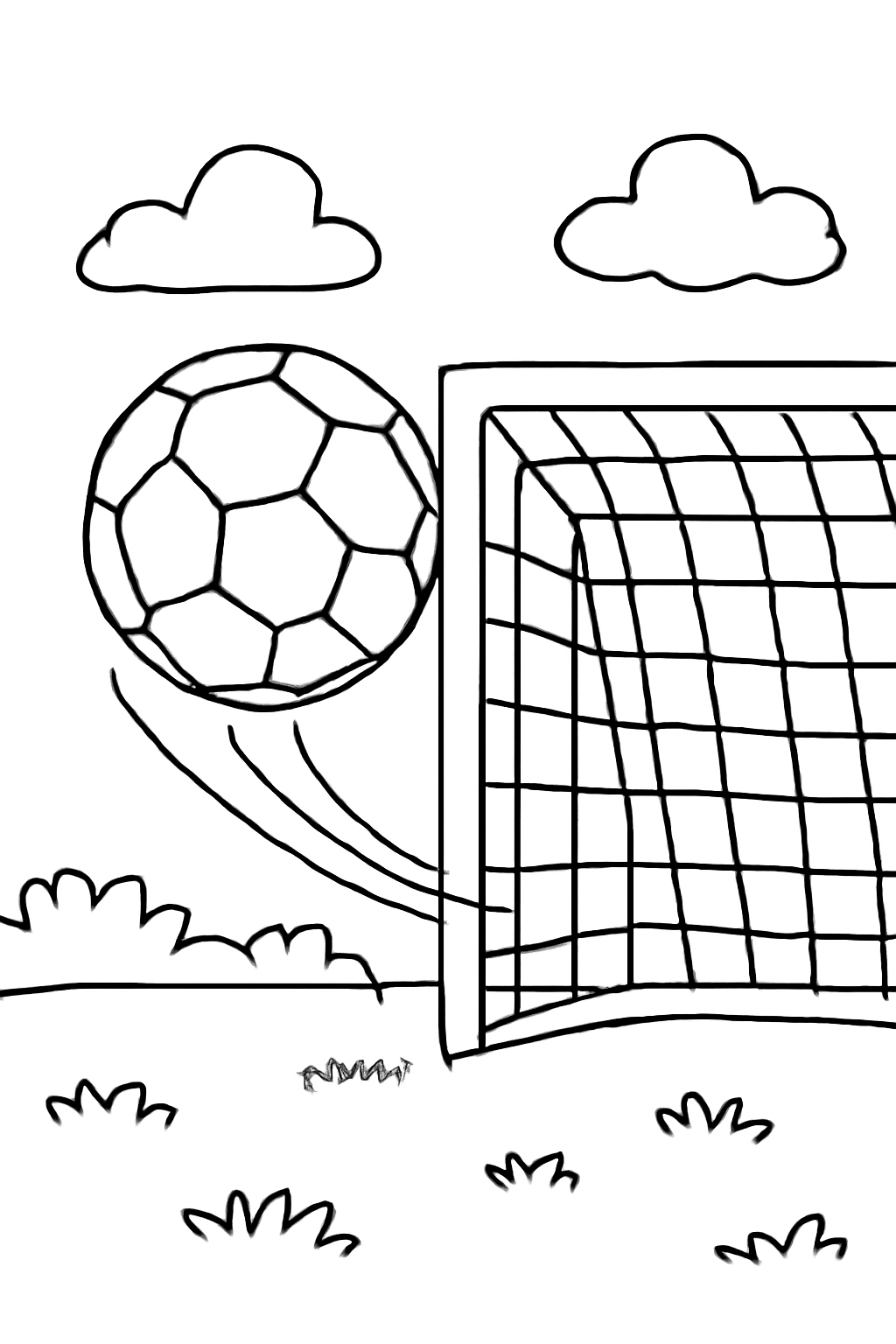 Free printable soccer ball flying into a goal coloring page for kids