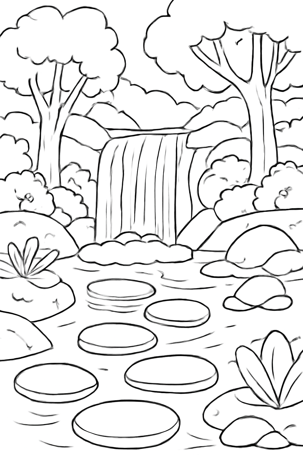 Free printable forest waterfall with stepping stones coloring page for kids