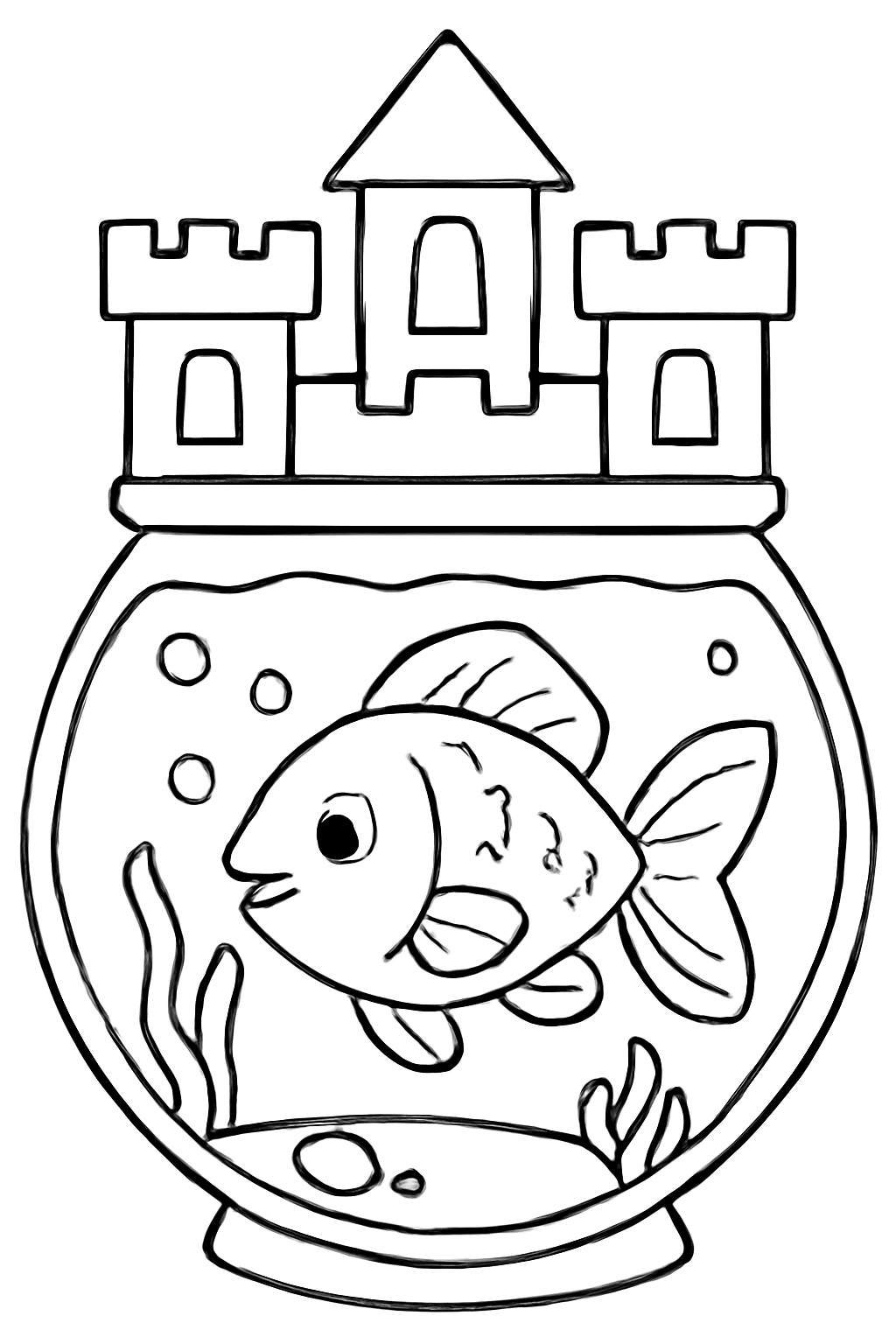 Free printable goldfish in a castle bowl coloring page for kids