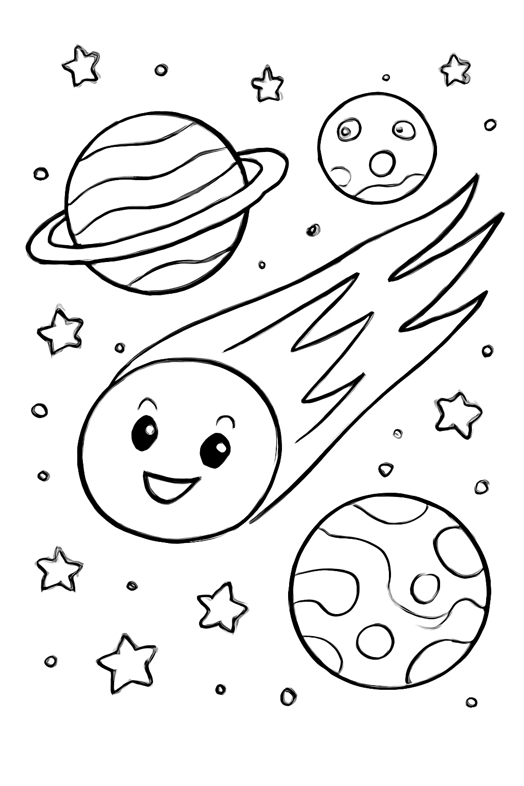 Free printable comet flying past planets coloring page for kids