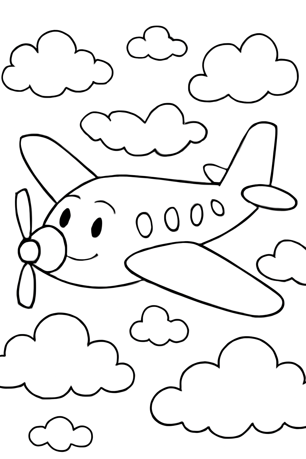 Free printable airplane flying above fluffy clouds coloring page for kids