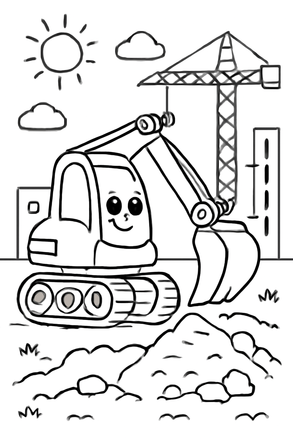 Free printable excavator digging at a construction site coloring page for kids