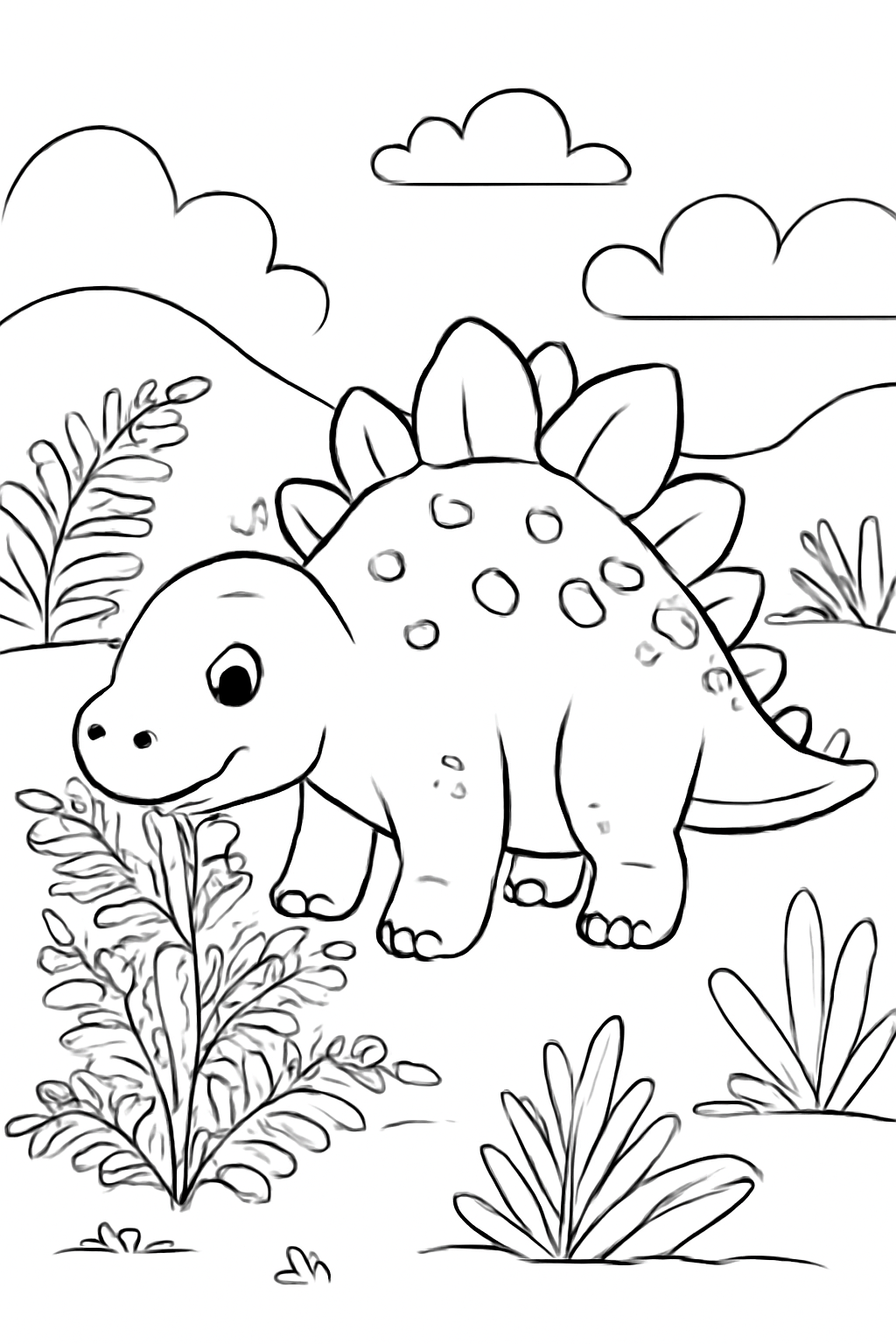 Free printable stegosaurus eating ferns coloring page for kids