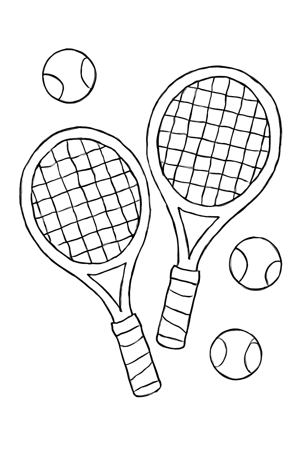 Free printable tennis rackets and balls coloring page for kids