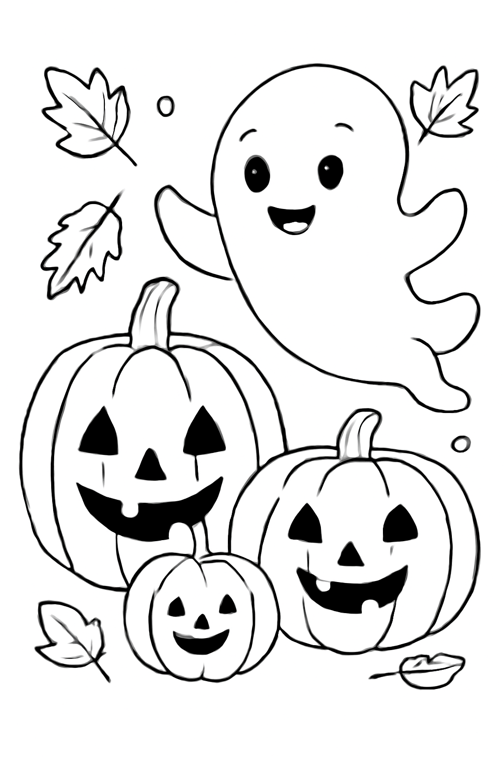 Free printable Halloween pumpkins and a smiling ghost coloring page for kids