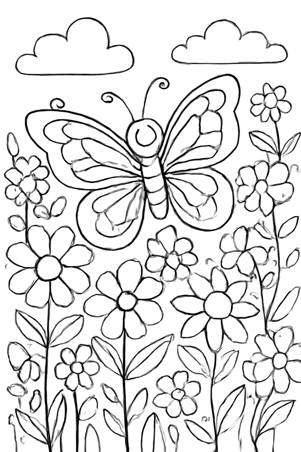 Free printable butterfly garden full of flowers coloring page for kids
