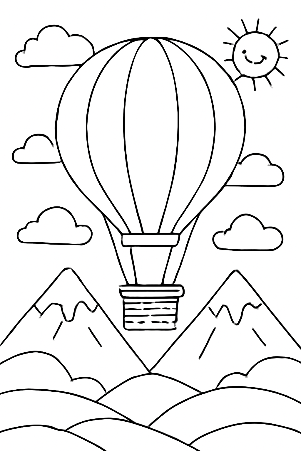 Free printable hot air balloon over mountains coloring page for kids