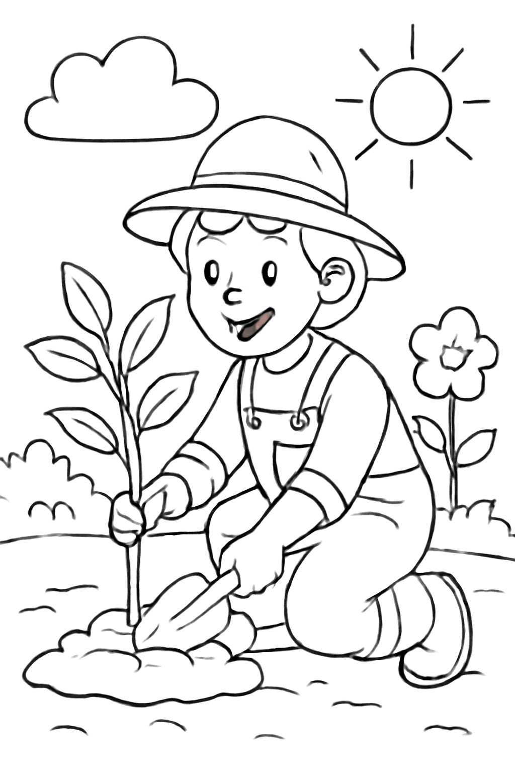 Free printable gardener planting a young tree coloring page for kids