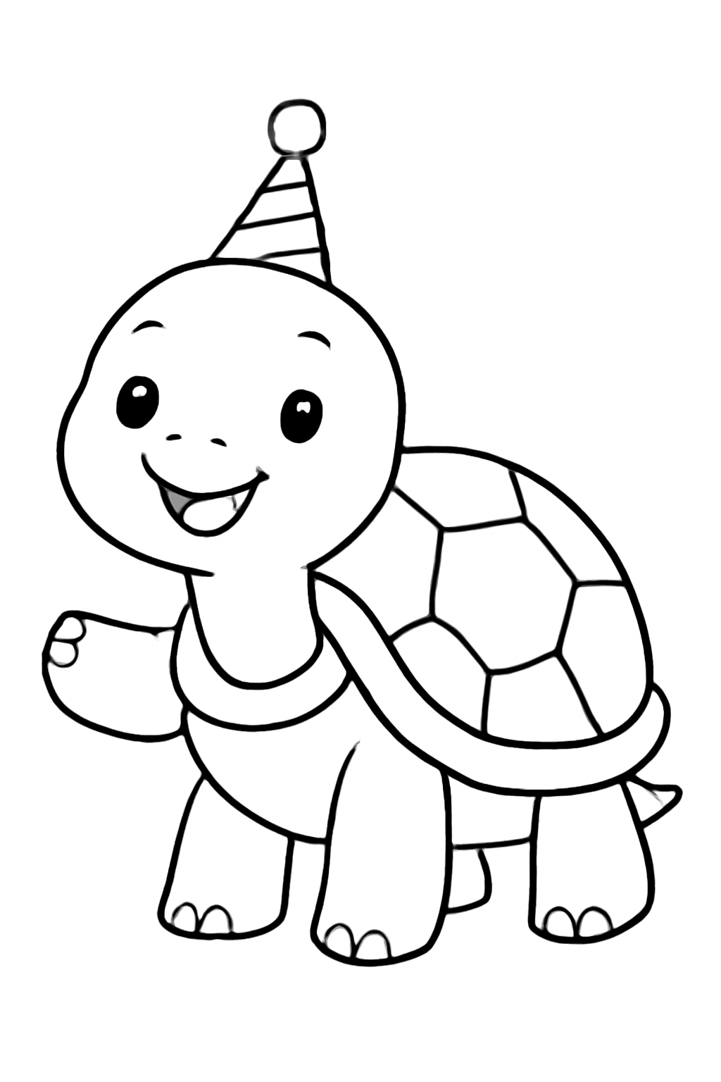 Free printable turtle wearing a tiny party hat coloring page for kids