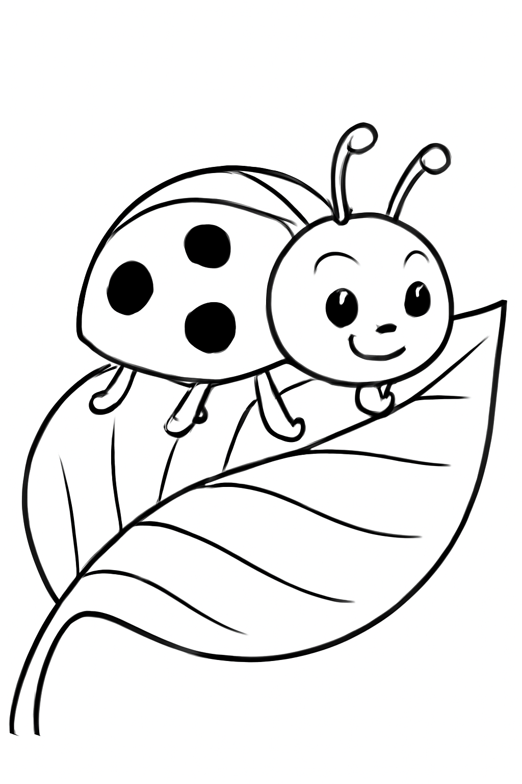Free printable ladybug on a giant leaf coloring page for kids