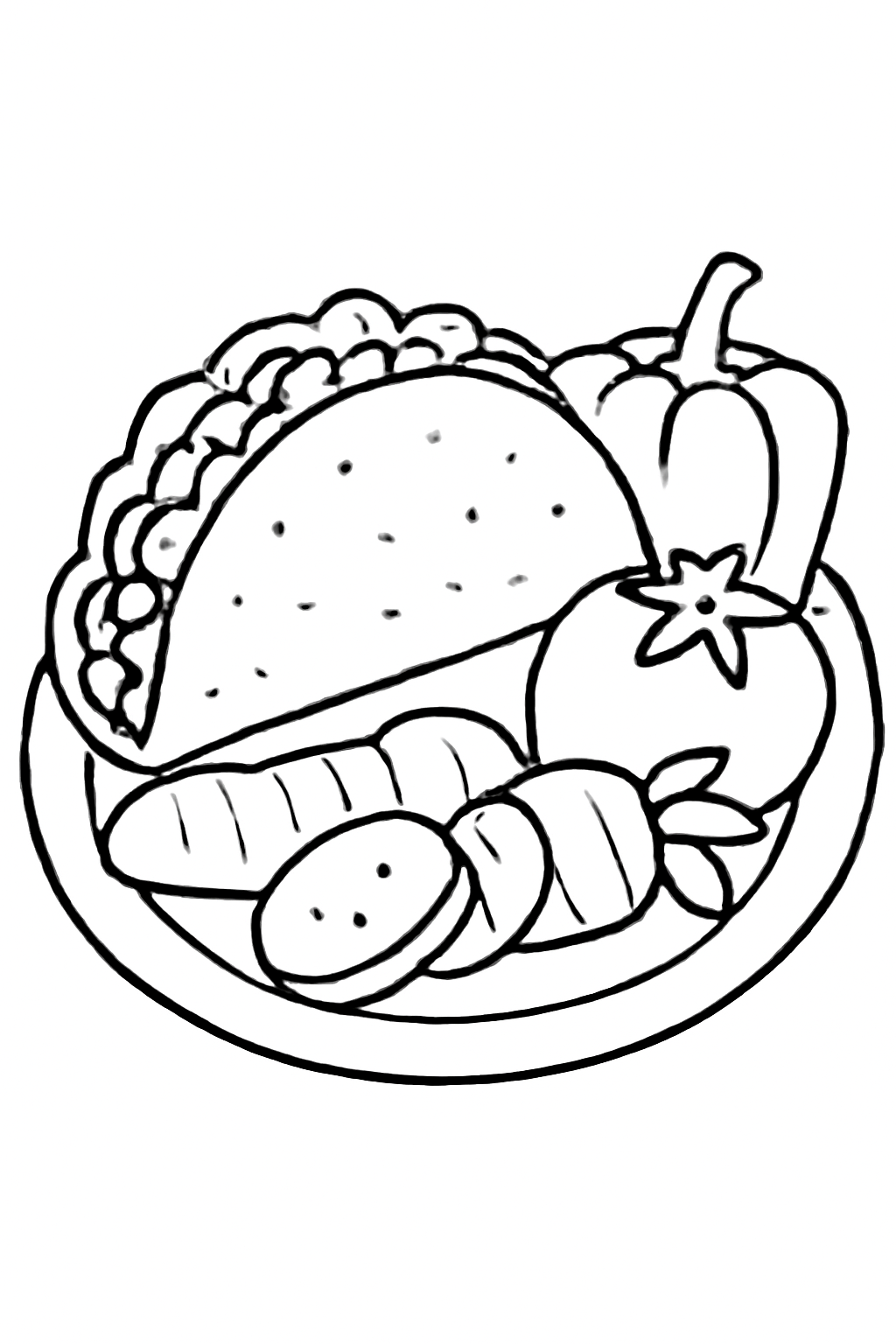 Free printable taco and vegetables on a plate coloring page for kids