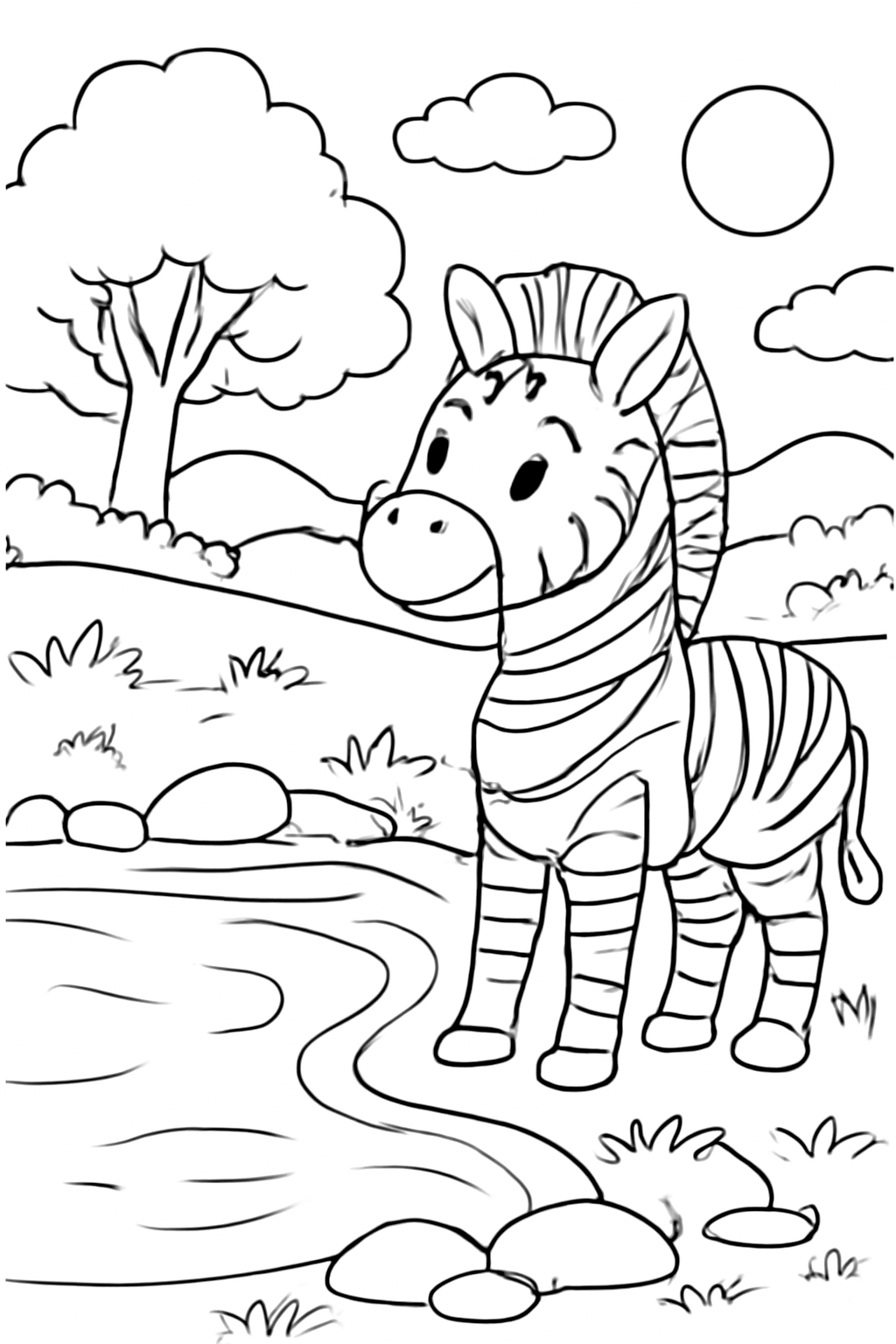 Free printable zebra beside a watering hole coloring page for kids