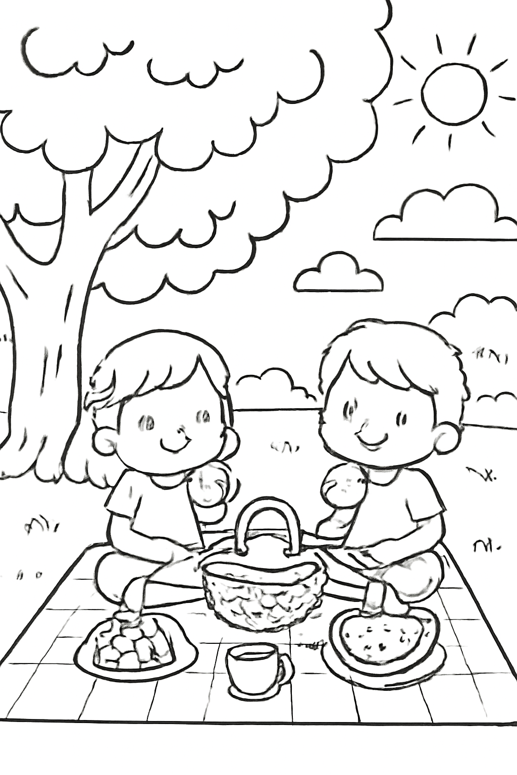 Free printable picnic beneath a shady tree coloring page for kids