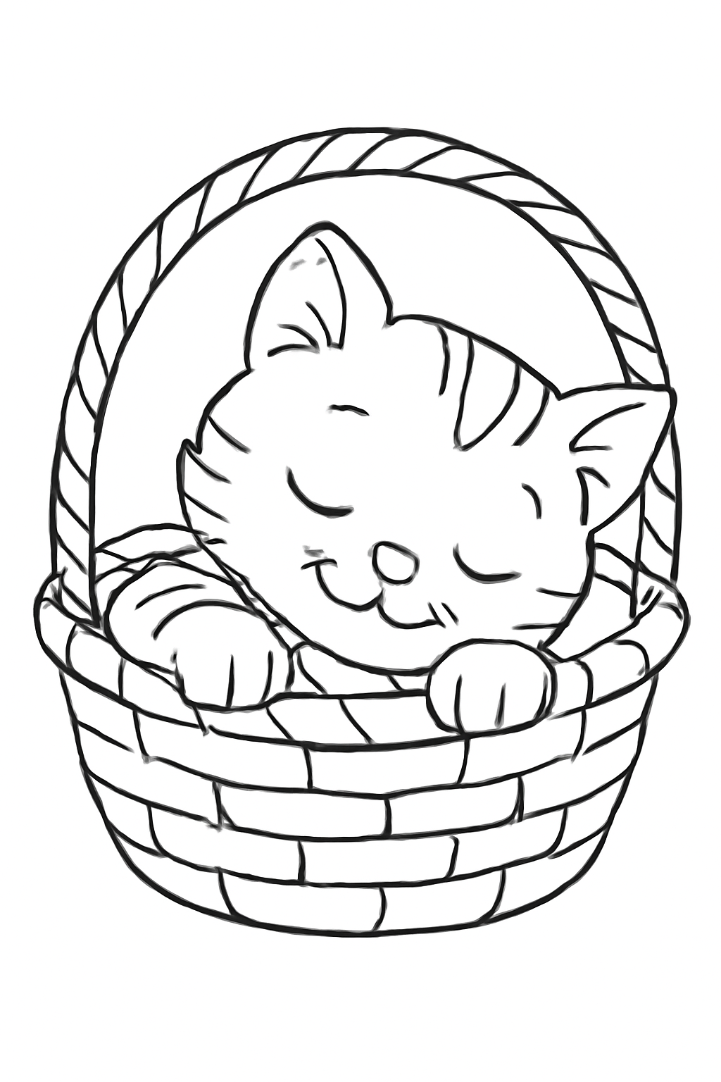 Free printable sleepy kitten in a basket coloring page for kids
