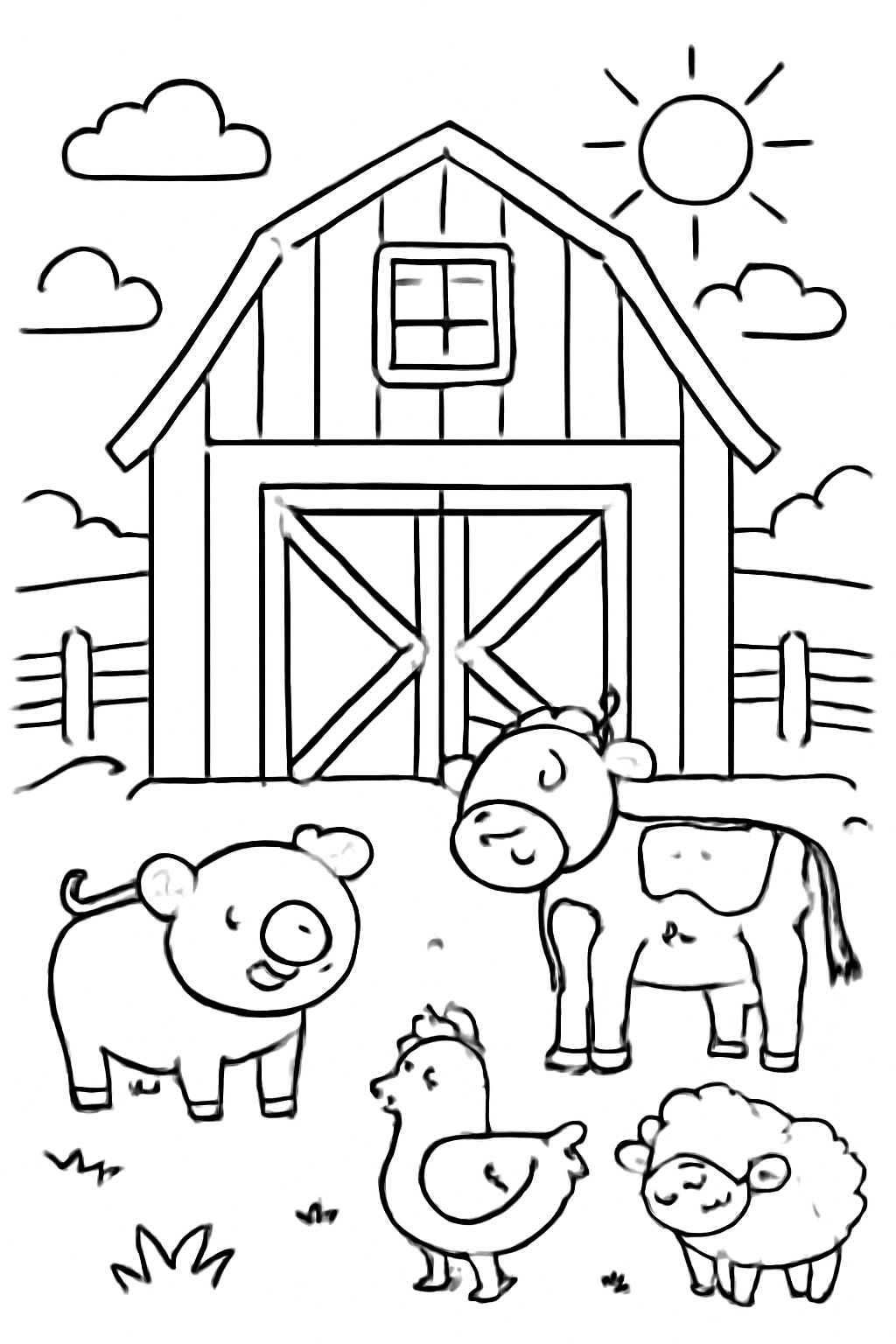 Free printable red barn with farm animals coloring page for kids