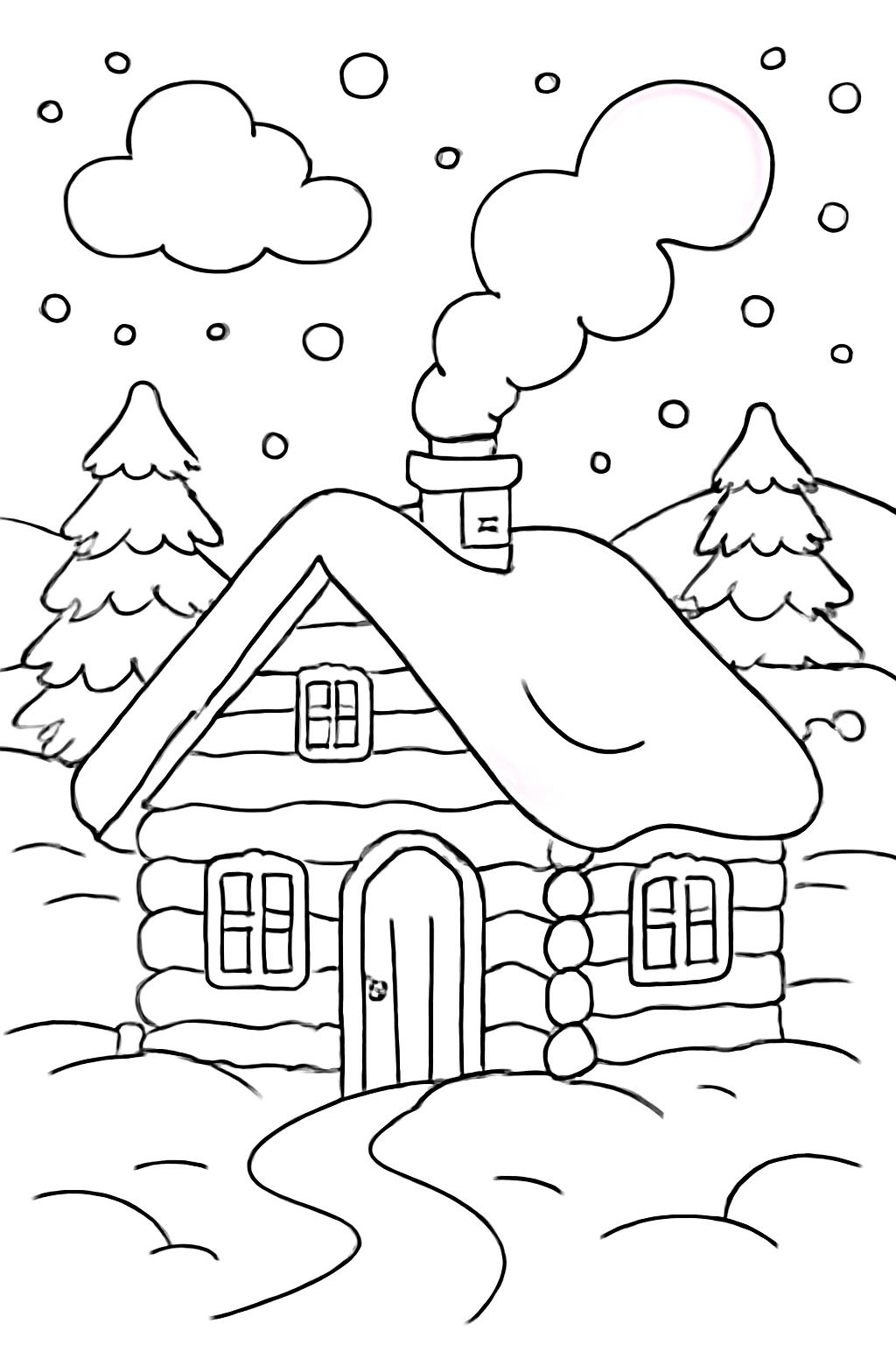 Free printable winter cabin in fresh snow coloring page for kids