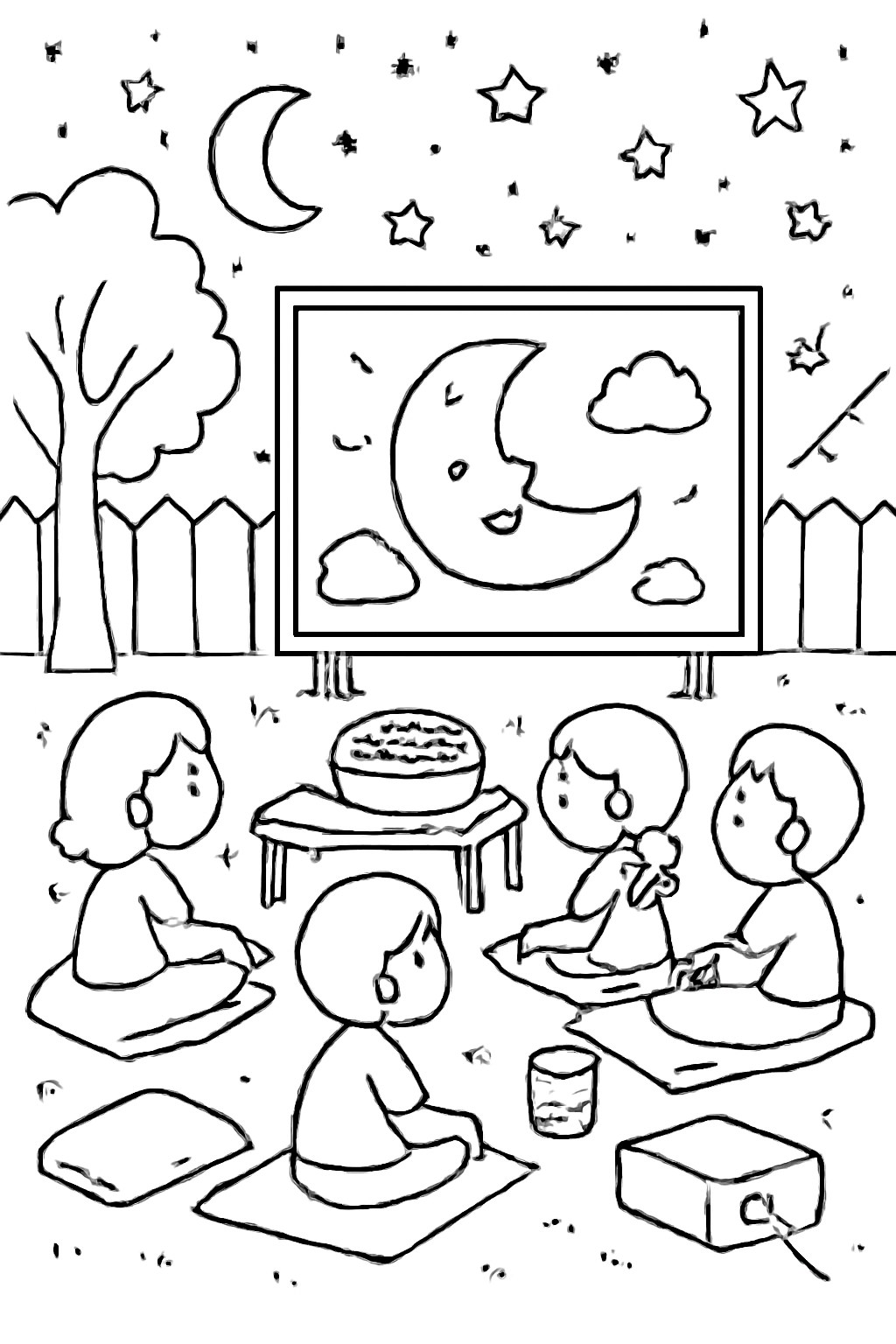 Free printable backyard movie night under stars coloring page for kids