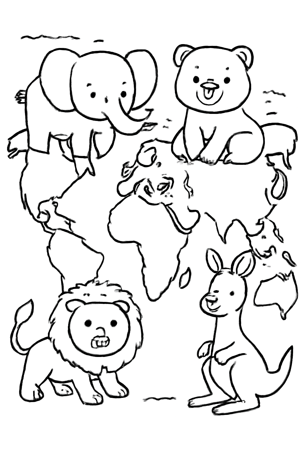Free printable simple world map with friendly animals coloring page for kids