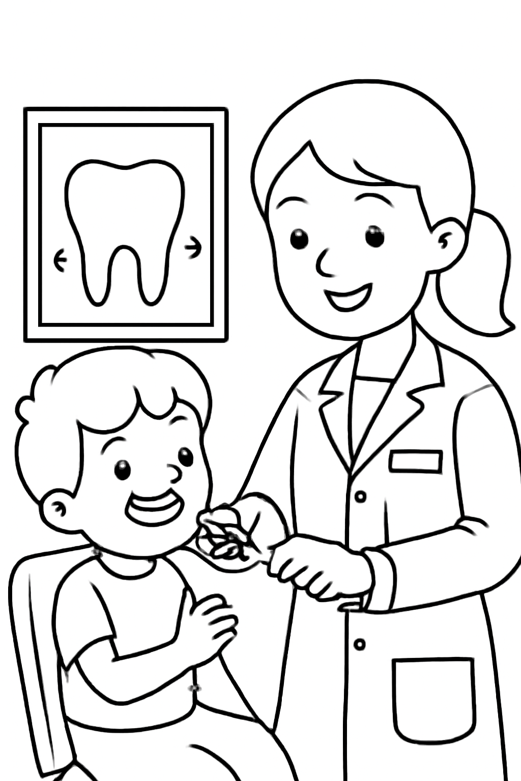 Free printable dentist teaching a child to brush coloring page for kids