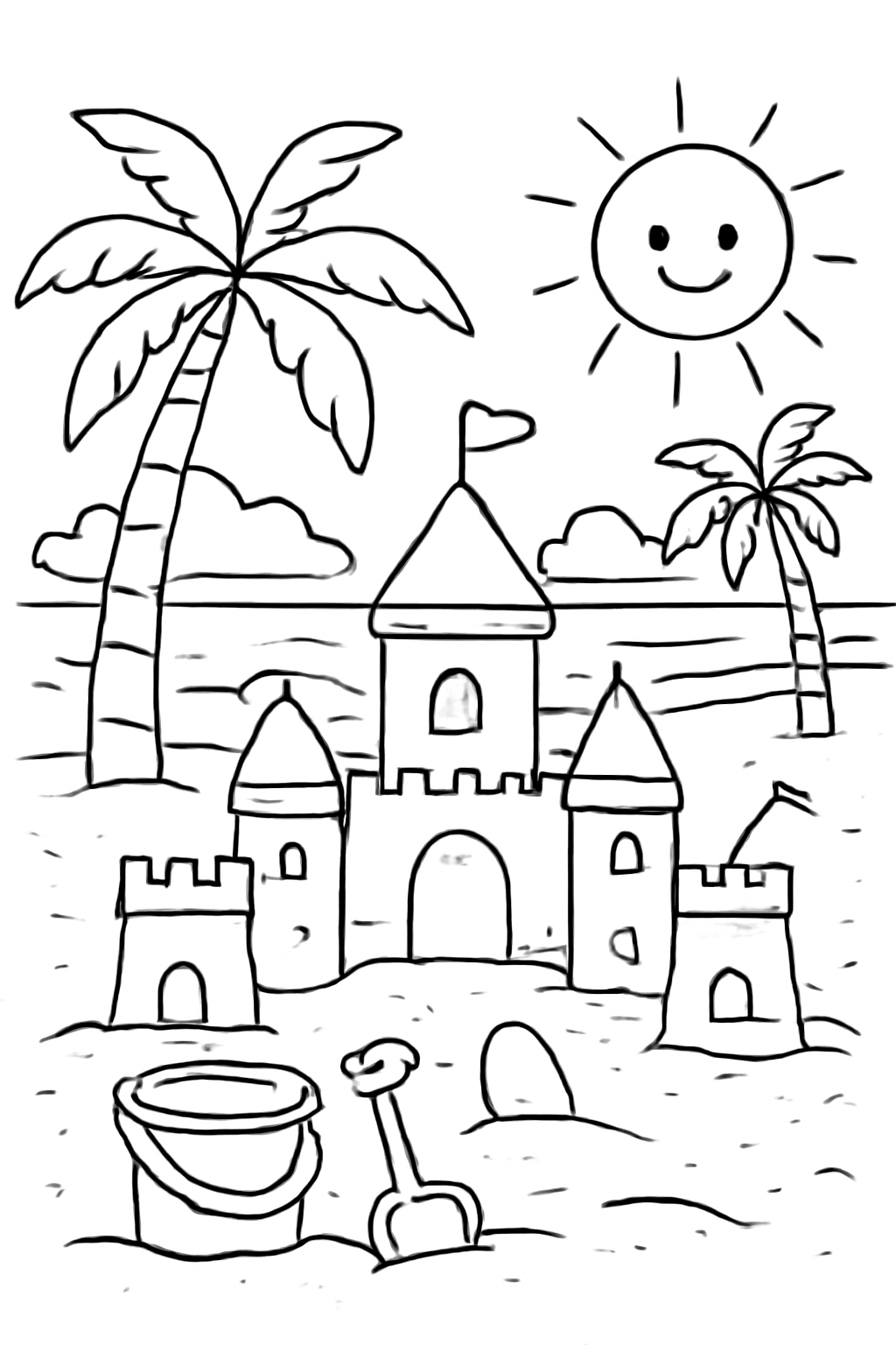 Free printable summer beach with sandcastles coloring page for kids