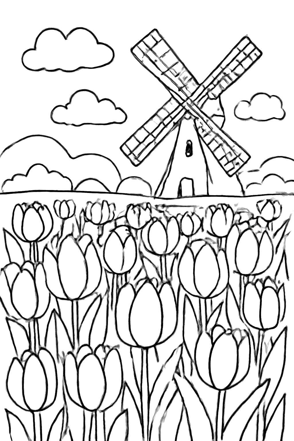 Free printable tulip field and windmill coloring page for kids