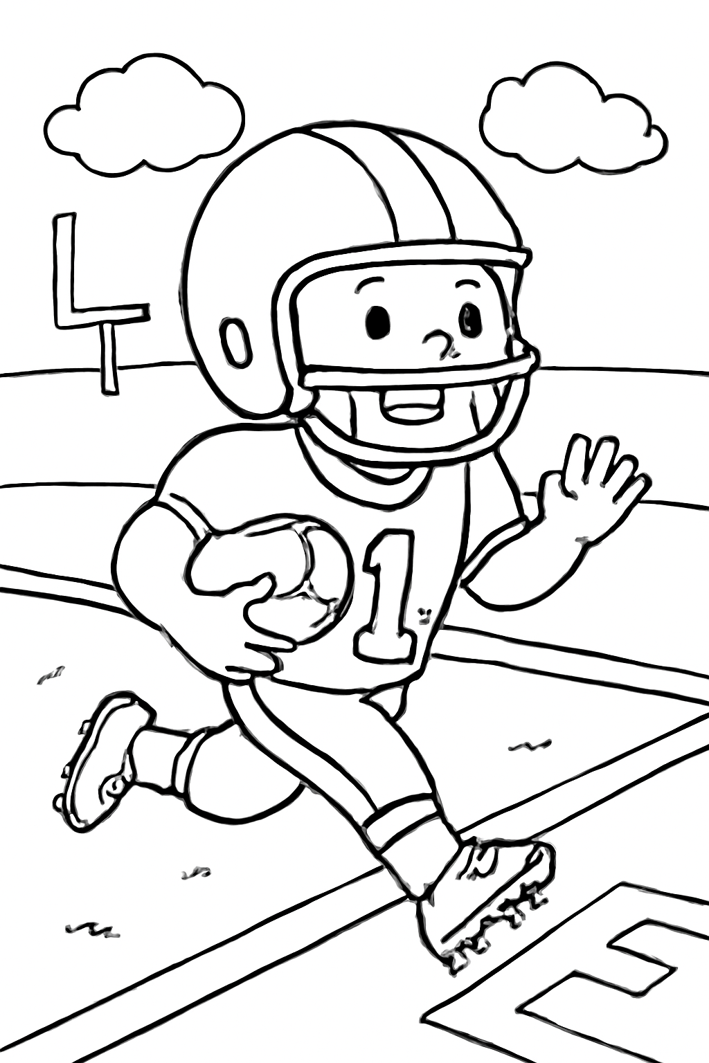 Free printable football player running toward the end zone coloring page for kids