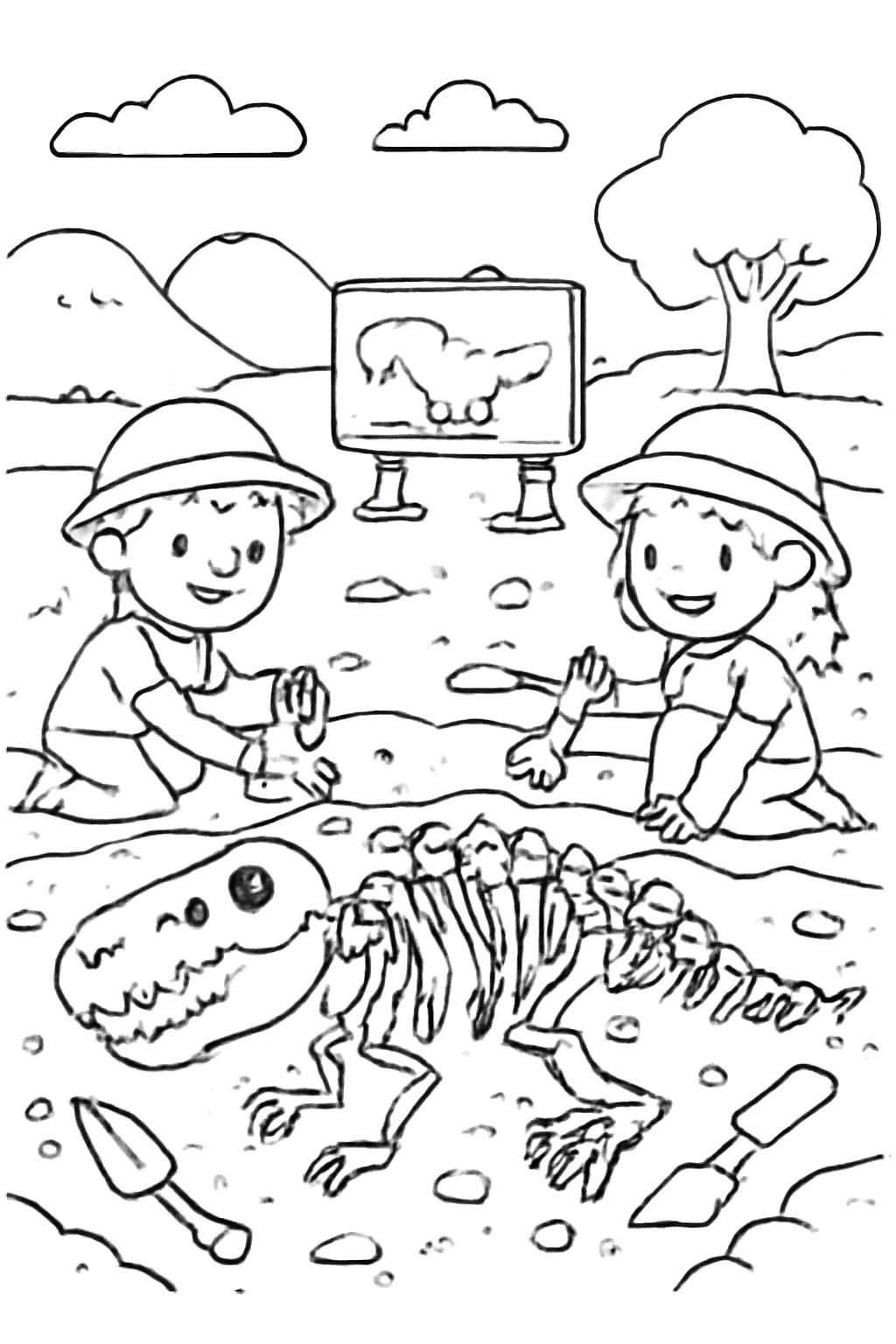 Free printable dinosaur fossil dig site coloring page for kids