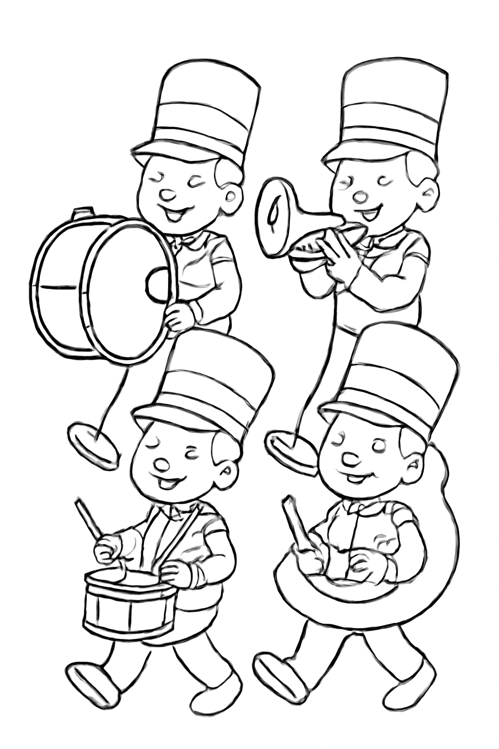 Free printable musical instruments in a marching band coloring page for kids