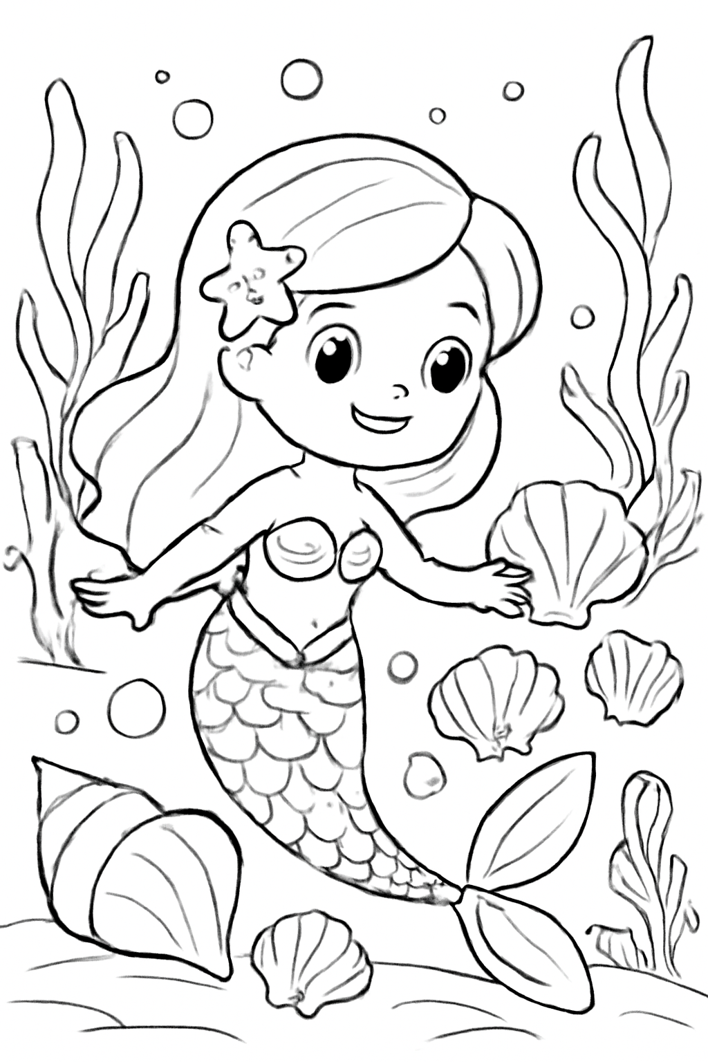 Free printable mermaid exploring a seashell garden coloring page for kids