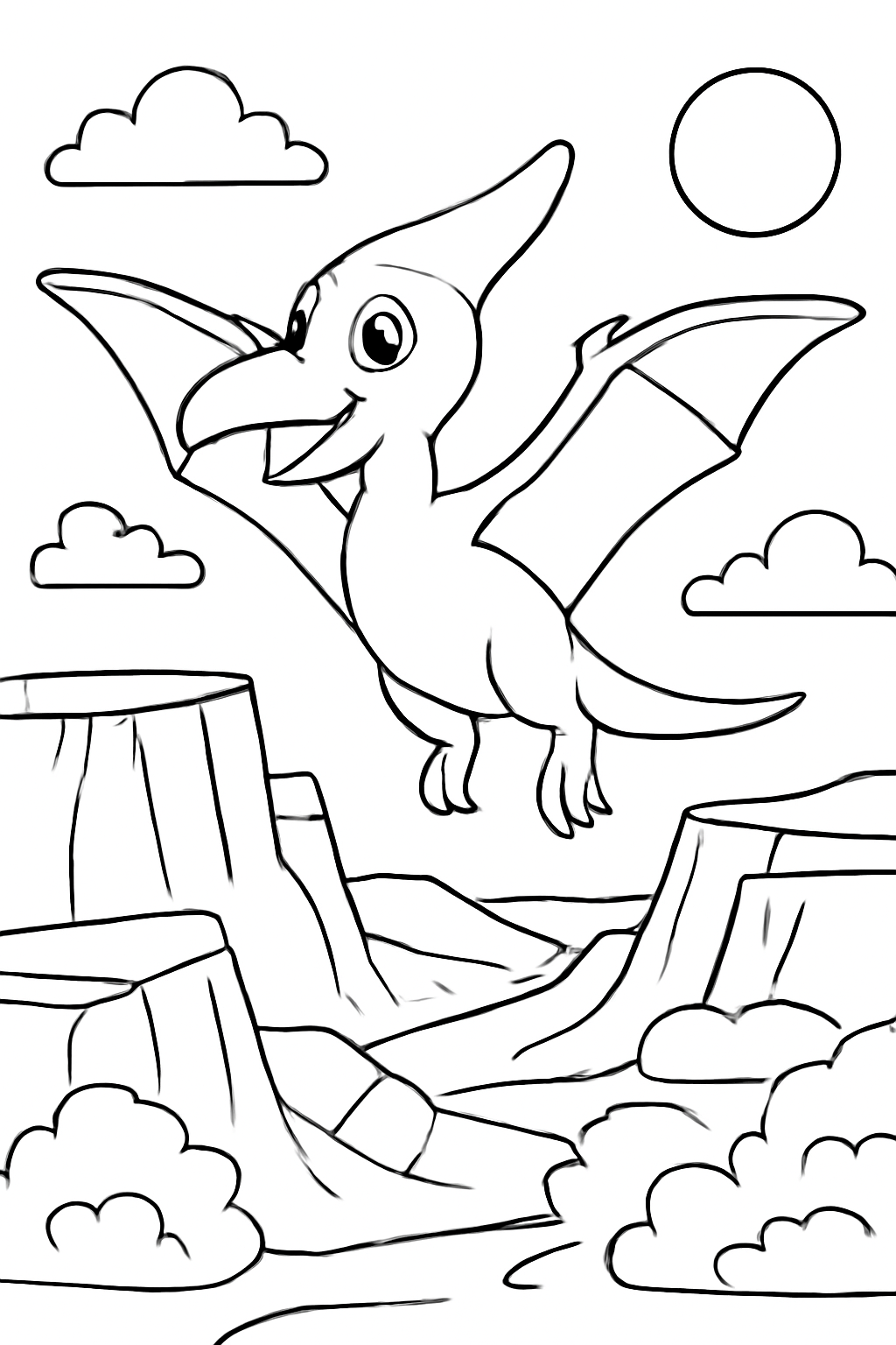Free printable pterodactyl flying above cliffs coloring page for kids