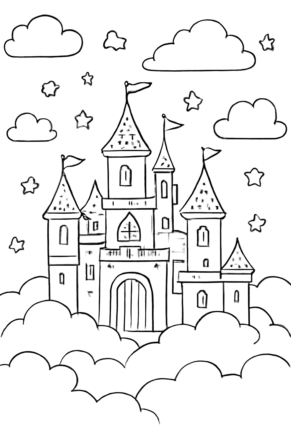 Free printable enchanted castle above the clouds coloring page for kids