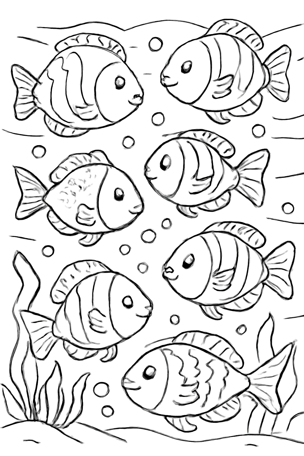 Free printable school of tropical fish coloring page for kids