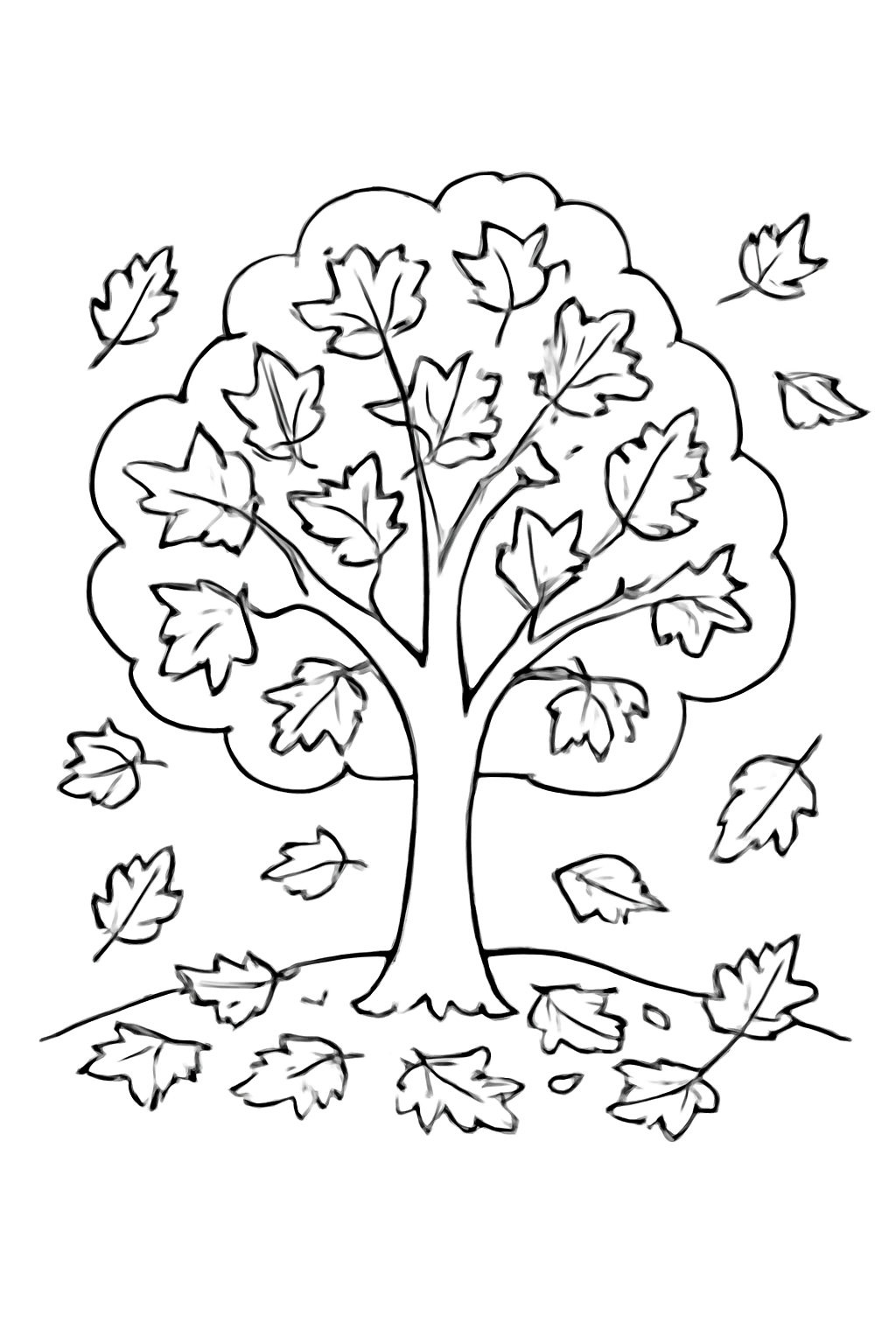 Free printable autumn tree with falling leaves coloring page for kids