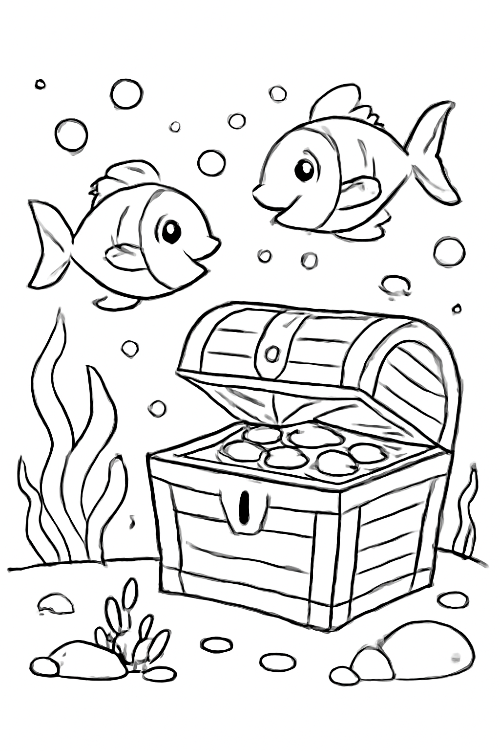Free printable underwater treasure chest with friendly fish coloring page for kids