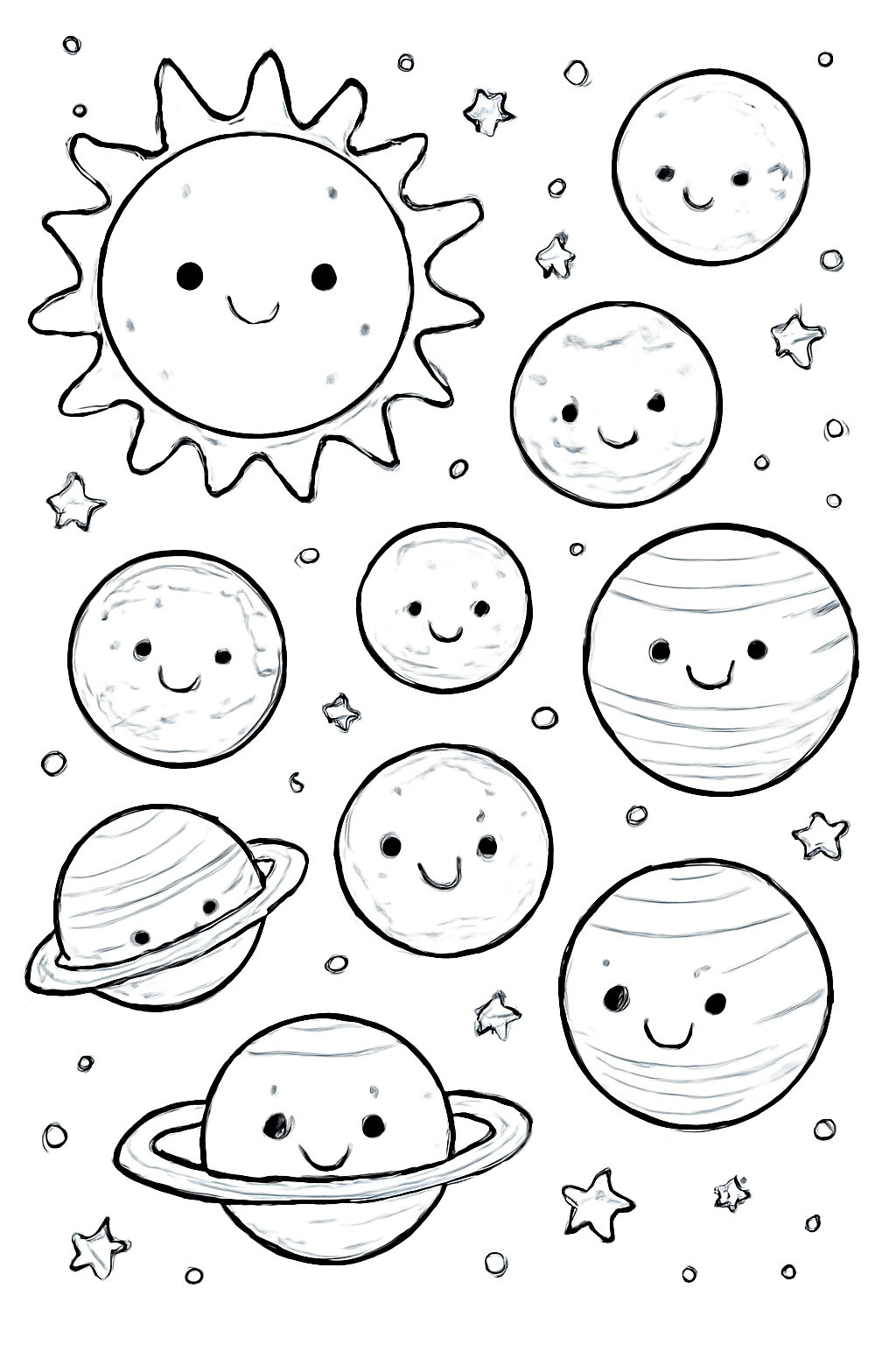 Free printable cute solar system with all eight planets coloring page for kids