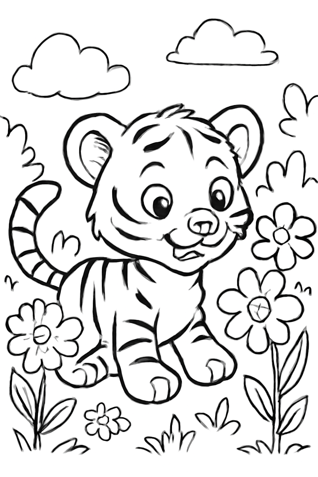 Free printable tiger cub exploring flowers coloring page for kids