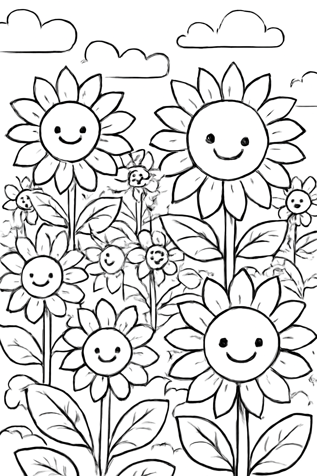 Free printable large sunflower garden coloring page for kids