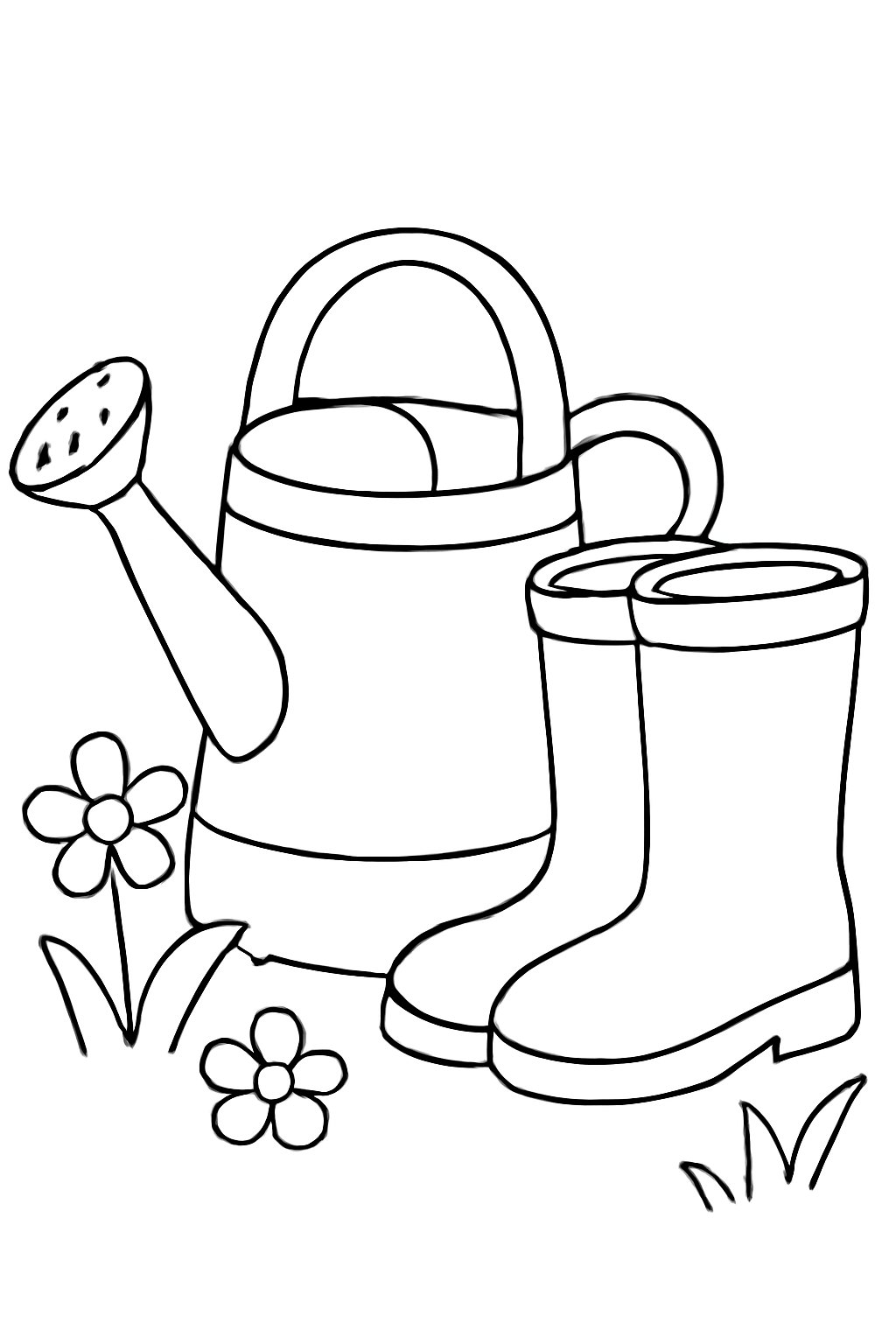 Free printable watering can beside garden boots coloring page for kids