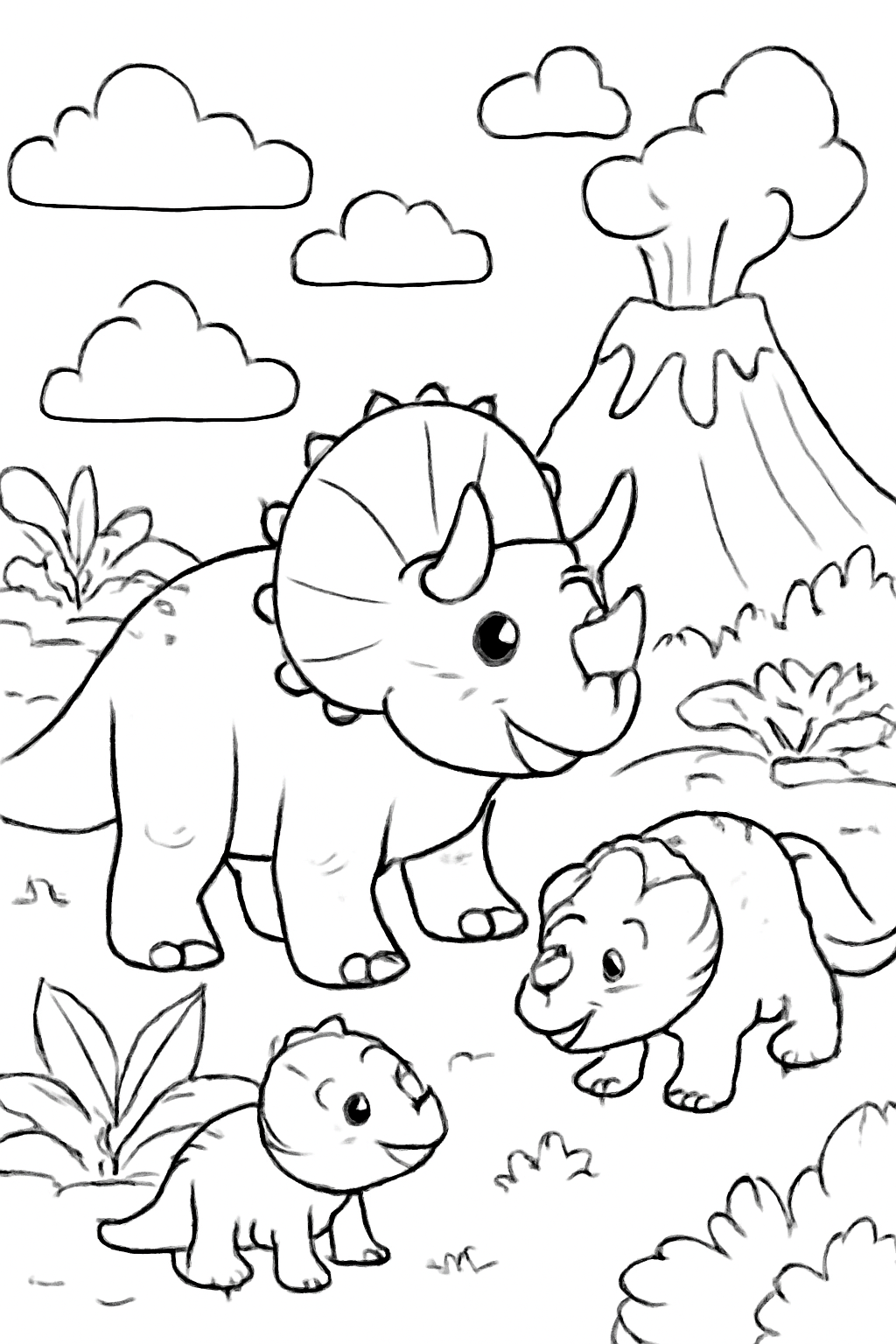 Free printable triceratops family by a volcano coloring page for kids