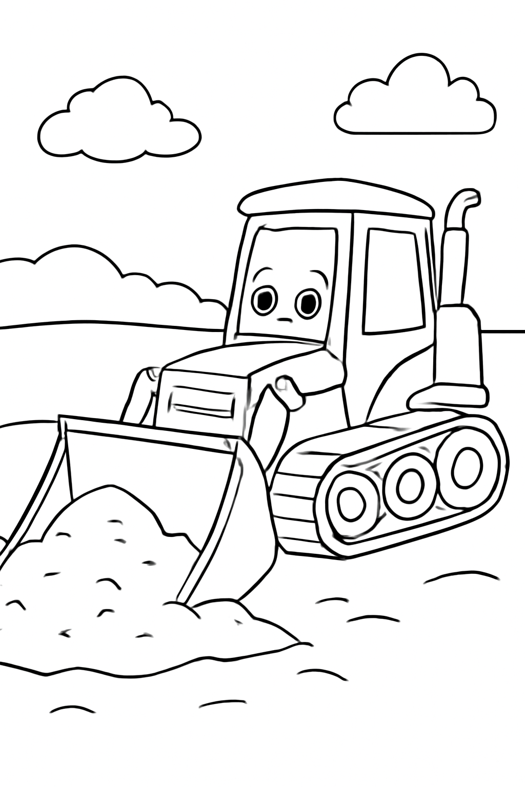 Free printable bulldozer moving a pile of sand coloring page for kids