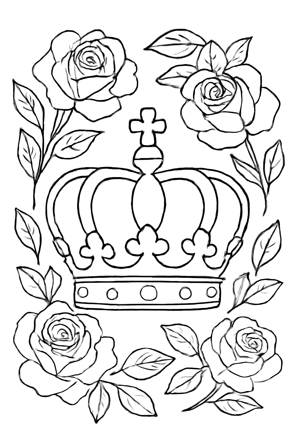 Free printable royal crown surrounded by roses coloring page for kids